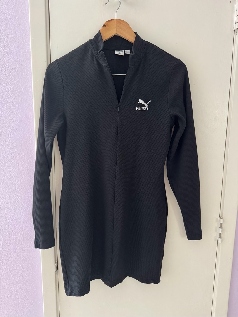 PUMA Classics Women's Black Long-Sleeve Zip Ribbed Dress